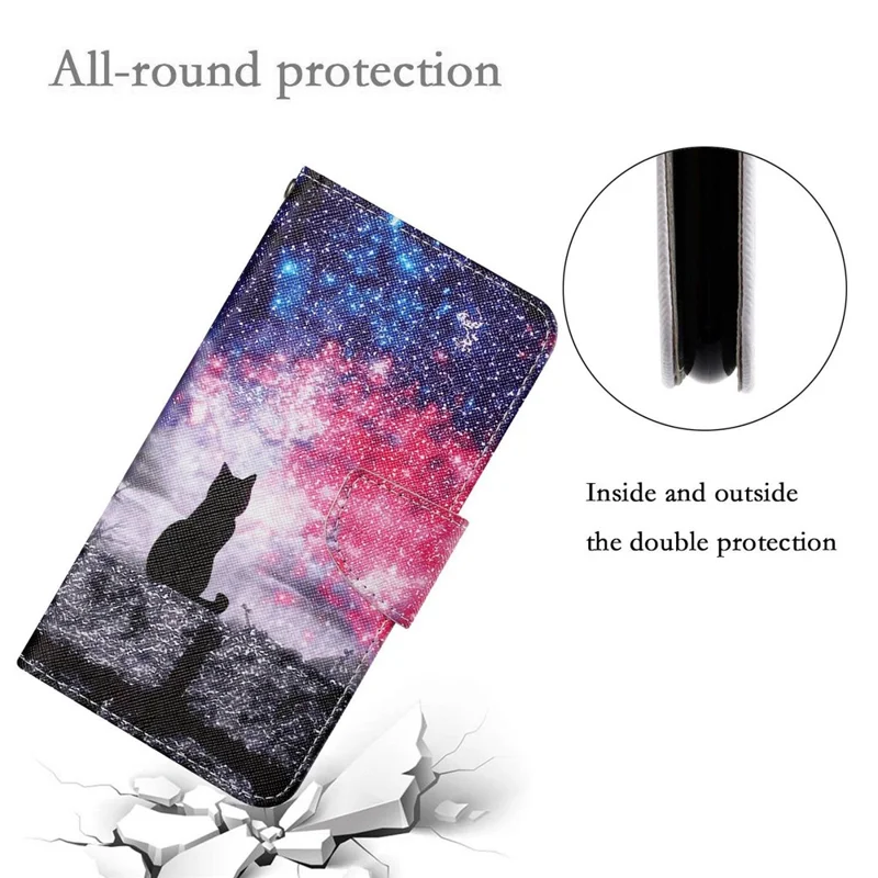 Pattern-Printing Cross Texture PU Leather Case for Samsung Galaxy A73 5G, Folio Flip Leather Wallet Stand Phone Shell with Strap - Cat/Starry Sky