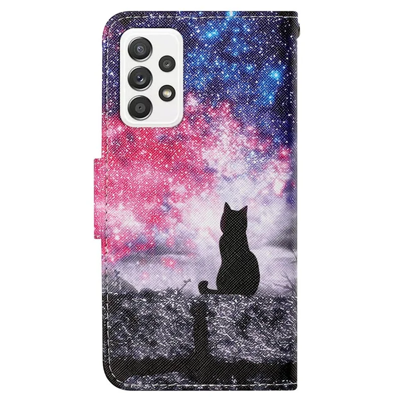 Pattern-Printing Cross Texture PU Leather Case for Samsung Galaxy A73 5G, Folio Flip Leather Wallet Stand Phone Shell with Strap - Cat/Starry Sky