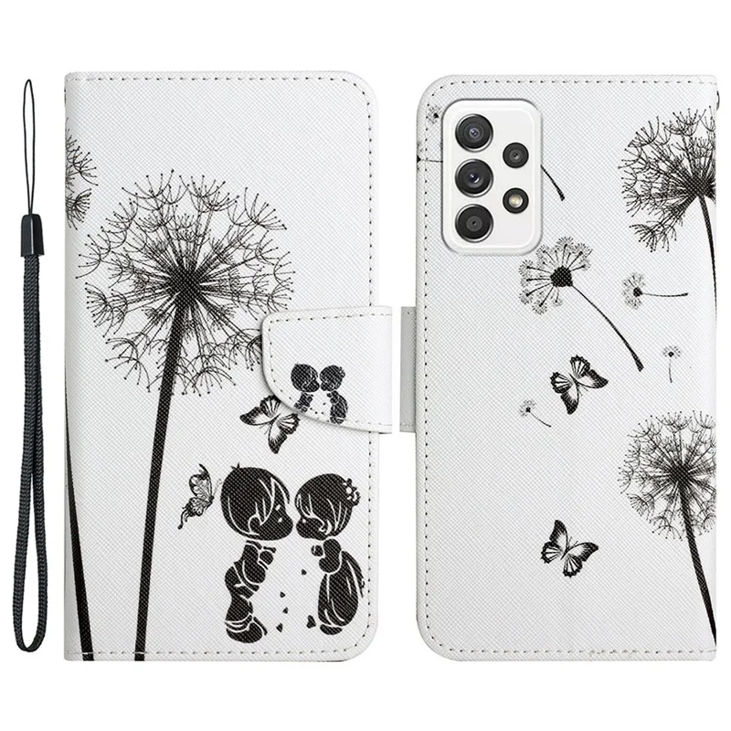 Pattern-Printing Cross Texture PU Leather Case for Samsung Galaxy A73 5G, Folio Flip Leather Wallet Stand Phone Shell with Strap - Dandelion