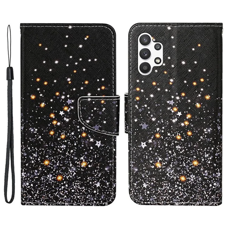 Textura Crosa de Patras Case de Cuero PU Para Samsung Galaxy A13 4G, Cobertura Completa Folio Flip Flip Soporte de Cuero Costilla + Correa - Estrellas Destrozadas