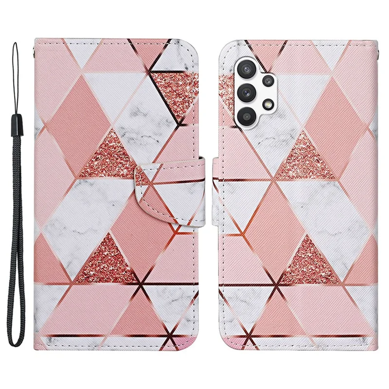Pattern-Printing Cross Texture PU Leather Case for Samsung Galaxy A13 4G, Full Coverage Folio Flip Wallet Leather Stand Phone Shell + Strap - Pink/Geometry Splicing