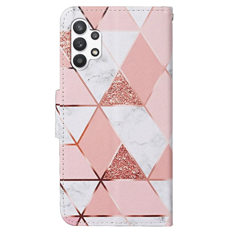 Pattern-Printing Cross Texture PU Leather Case for Samsung Galaxy A13 4G, Full Coverage Folio Flip Wallet Leather Stand Phone Shell + Strap - Pink/Geometry Splicing