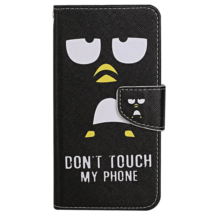 Casa de Couro PU de Textura Cruzada Para Impressão de Padrões Para Samsung Galaxy A13 4G, Cobertura Completa Follo Flip Wallet Stand Phone Shell + Strap - Pinguim Preto