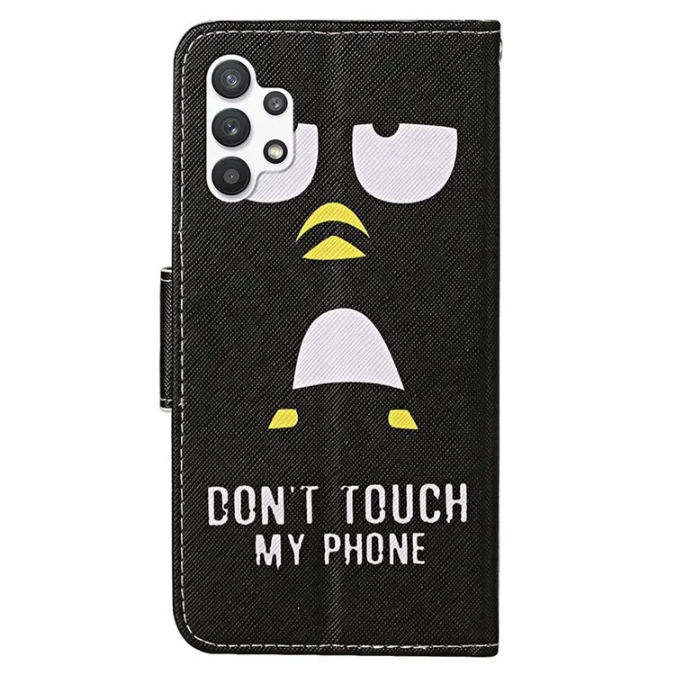 Casa de Couro PU de Textura Cruzada Para Impressão de Padrões Para Samsung Galaxy A13 4G, Cobertura Completa Follo Flip Wallet Stand Phone Shell + Strap - Pinguim Preto