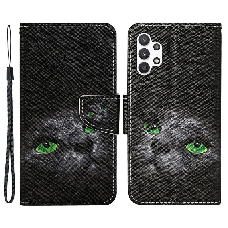 Pattern-Printing Cross Texture PU Leather Case for Samsung Galaxy A13 4G, Full Coverage Folio Flip Wallet Leather Stand Phone Shell + Strap - Green Eye Cat