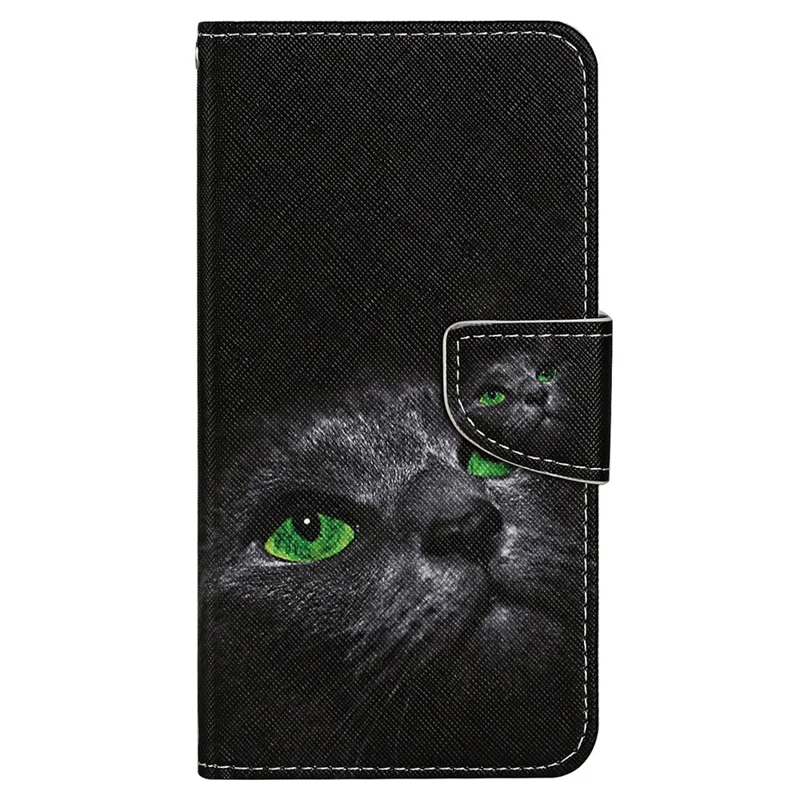 Pattern-Printing Cross Texture PU Leather Case for Samsung Galaxy A13 4G, Full Coverage Folio Flip Wallet Leather Stand Phone Shell + Strap - Green Eye Cat