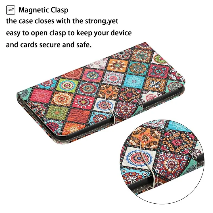 Étui en cuir PU à texture croisée pour Samsung Galaxy A13 4G, étui portefeuille à rabat couvrant entièrement, support téléphone en cuir + sangle - Mandala à carreaux