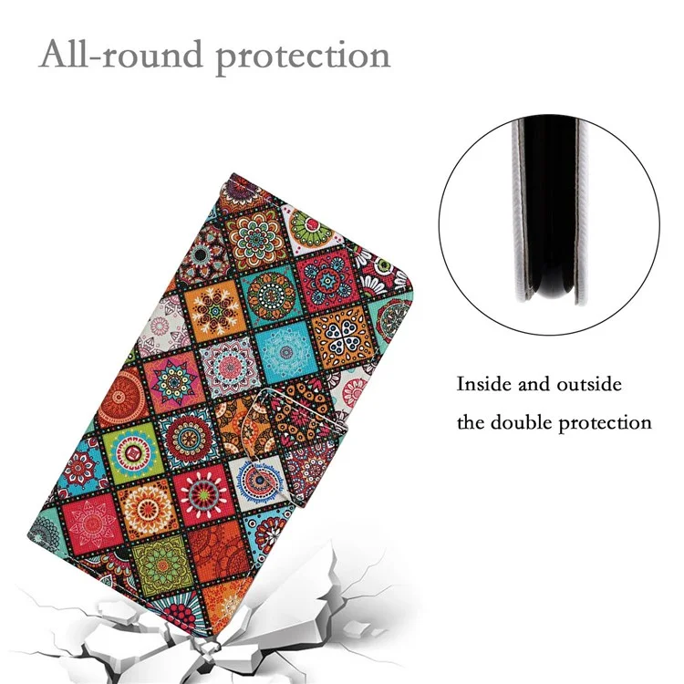 Étui en cuir PU à texture croisée pour Samsung Galaxy A13 4G, étui portefeuille à rabat couvrant entièrement, support téléphone en cuir + sangle - Mandala à carreaux