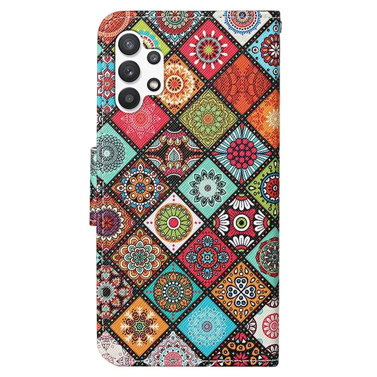 Étui en cuir PU à texture croisée pour Samsung Galaxy A13 4G, étui portefeuille à rabat couvrant entièrement, support téléphone en cuir + sangle - Mandala à carreaux