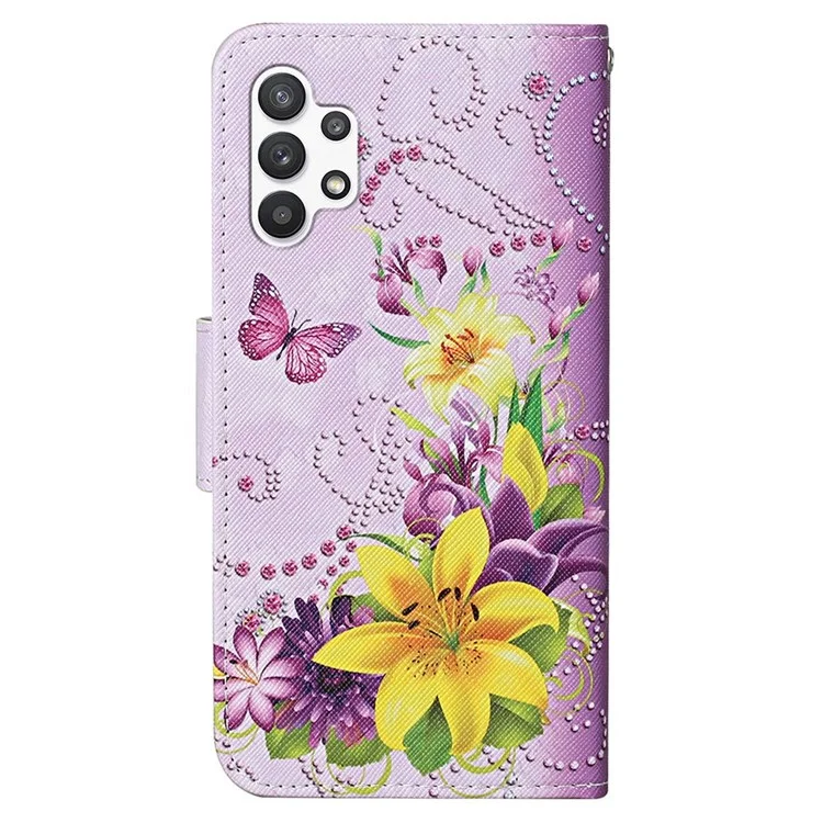 Capa de Couro PU com Textura Cruzada e Estampa de Borboletas e Flores Amarelas para Samsung Galaxy A13 4G, Carteira de Couro com Proteção Completa, Suporte Dobrável e Alça - Borboletas e Flores Amarelas