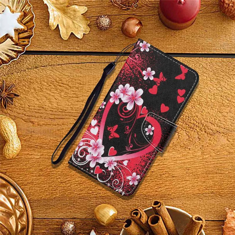 Pattern-Printing Cross Texture PU Leather Case for Samsung Galaxy A13 4G, Full Coverage Folio Flip Wallet Leather Stand Phone Shell + Strap - Hearts with Flowers