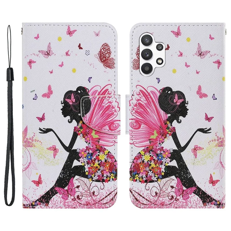 Pattern-Printing Cross Texture PU Leather Case for Samsung Galaxy A13 4G, Full Coverage Folio Flip Wallet Leather Stand Phone Shell + Strap - Flowers Fairy