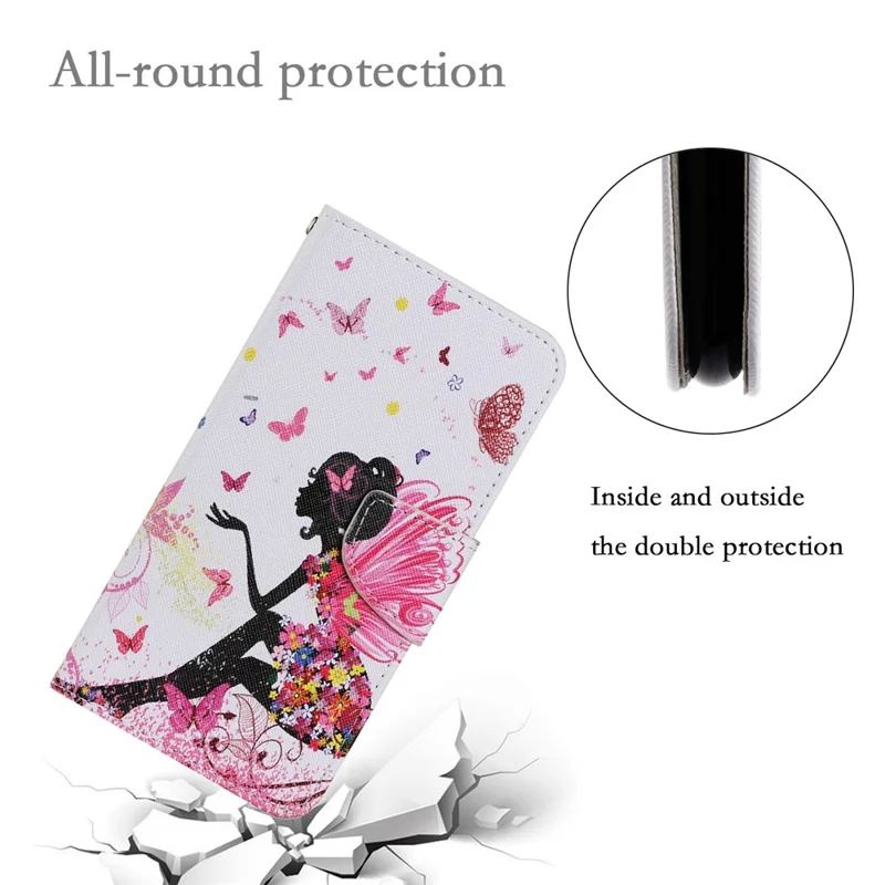 Pattern-Printing Cross Texture PU Leather Case for Samsung Galaxy A13 4G, Full Coverage Folio Flip Wallet Leather Stand Phone Shell + Strap - Flowers Fairy
