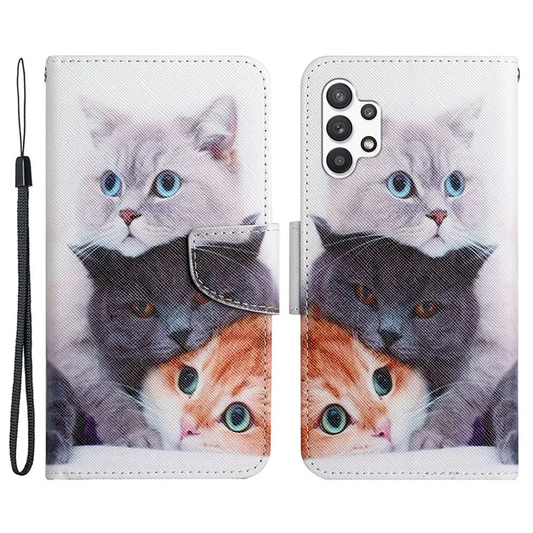 Muster-Druck Cross Texture PU-Leder-Hülle für Samsung Galaxy A13 4G, komplette Abdeckung Folio Flip Wallet Leder Ständer Handyhülle + Riemen - Drei Katzen