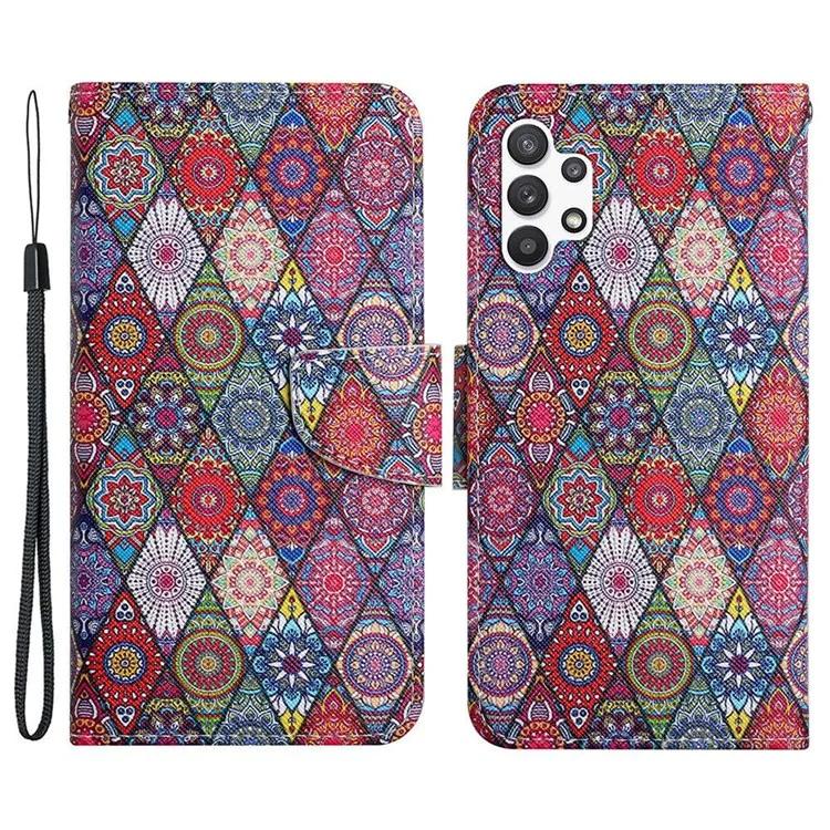 Texture Croix-imprimage Étui en Cuir PU Pour Samsung Galaxy A13 4G, Couverture Complète Folio Flip Portefeuille Support en Cuir Coque de Téléphone + Bracelet - Mandala / Rhombus Coloré