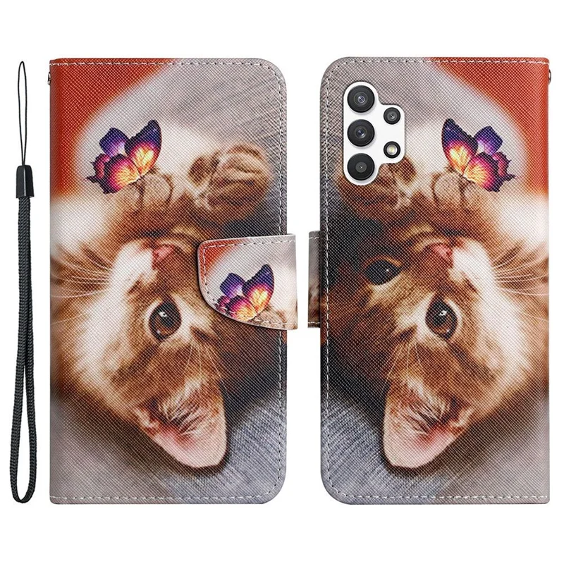 Pattern-Printing Cross Texture PU Leather Case for Samsung Galaxy A13 4G, Full Coverage Folio Flip Wallet Leather Stand Phone Shell + Strap - Cat and Butterfly