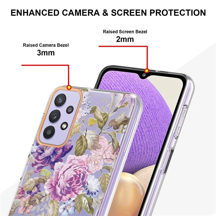 YB IMD-8 Series Floral Design TPU Case per Samsung Galaxy A23 5G (Versione Globale) / 4G, Lavorazione IMD Elegante Rivestimento Flessibile Protettivo con Elettroplaccatura - HC006 Purple Peony