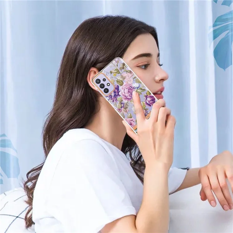 YB IMD-8 Series Floral Design TPU Case per Samsung Galaxy A23 5G (Versione Globale) / 4G, Lavorazione IMD Elegante Rivestimento Flessibile Protettivo con Elettroplaccatura - HC006 Purple Peony
