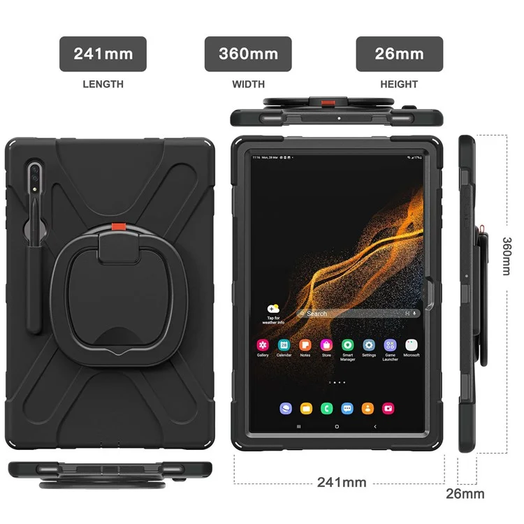 Für Samsung Galaxy Tab S8 Ultra X900 / X906 / S9 Ultra X910 Rotary Kickstand PC + Silikon-Tablet-Hülle mit Schultergurt - Schwarz