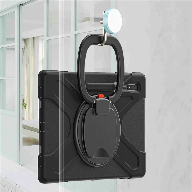 Für Samsung Galaxy Tab S8 Ultra X900 / X906 / S9 Ultra X910 Rotary Kickstand PC + Silikon-Tablet-Hülle mit Schultergurt - Schwarz