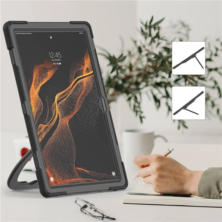 Für Samsung Galaxy Tab S8 Ultra 14.6 X900 / X906 Rotary Kickstand PC + Silikon-Tablet-Gehäuse Mit Schultergurt - Schwarz