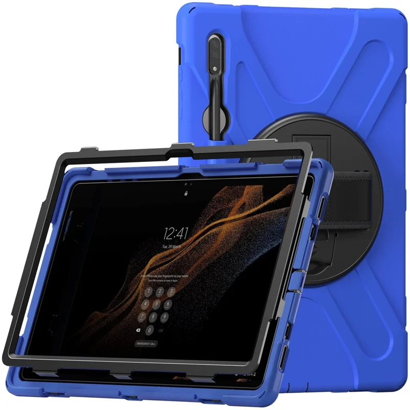 For Samsung Galaxy Tab S8 Ultra X900 / X906 / S9 Ultra X910 Hand Strap Tablet Case Hard PC + Soft TPU Shockproof Cover - Blue