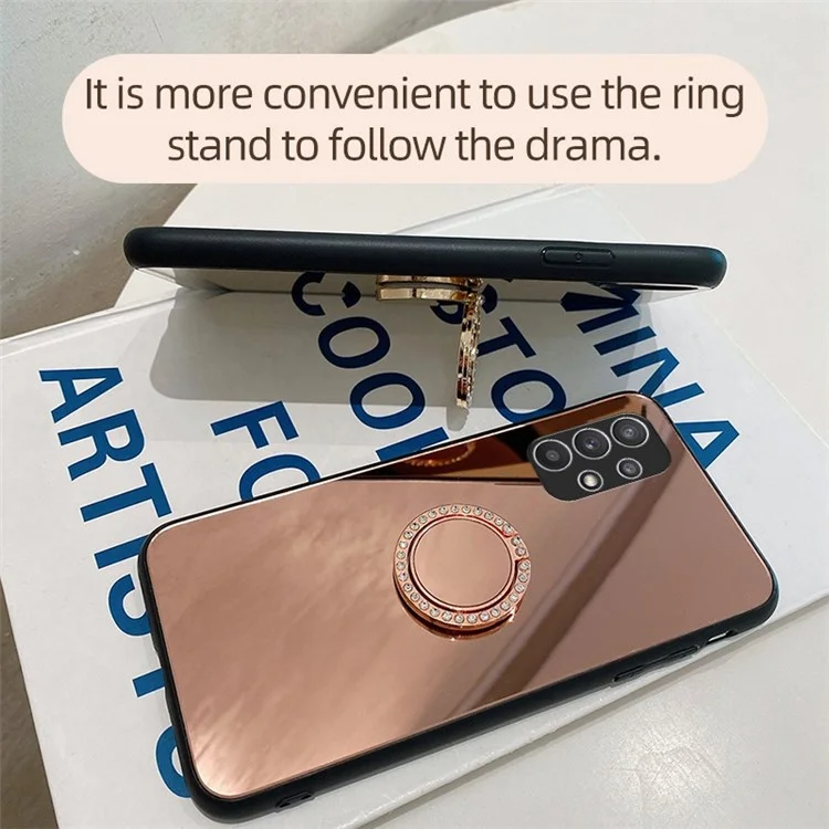Pour Samsung Galaxy A23 5G (version mondiale) / 4G Stylish Mirror Design All-inclusive TPU Edging Hybrid Cell Phone Case avec Metal Sheet Ring Kickstand - Rose Gold