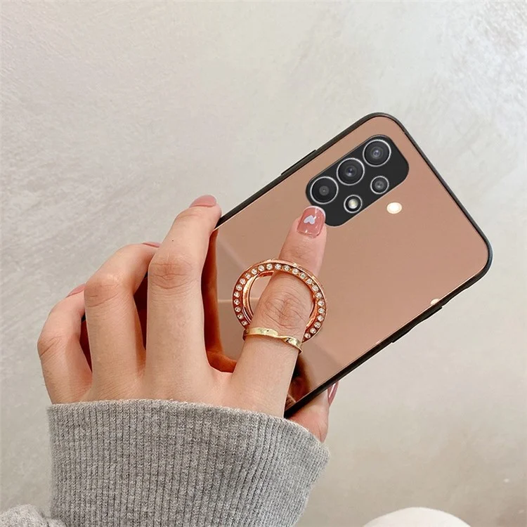 Pour Samsung Galaxy A23 5G (version mondiale) / 4G Stylish Mirror Design All-inclusive TPU Edging Hybrid Cell Phone Case avec Metal Sheet Ring Kickstand - Rose Gold
