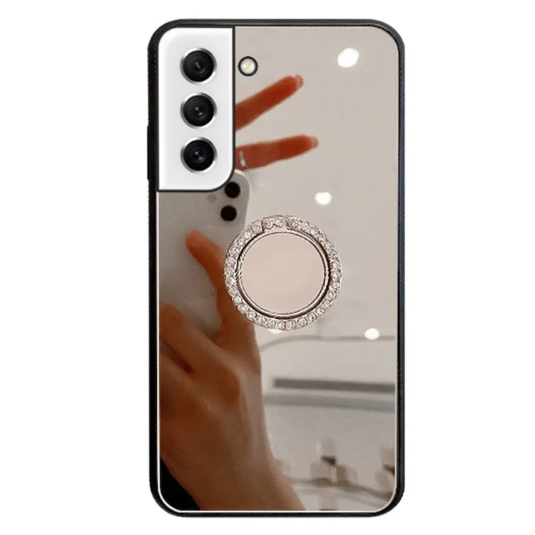 Para Samsung Galaxy S21 FE 5G Mirror Design Anti-scratch Well-protected Cover TPU + PC Hybrid Mobile Phone Case with Metal Sheet Ring Kickstand - Plata