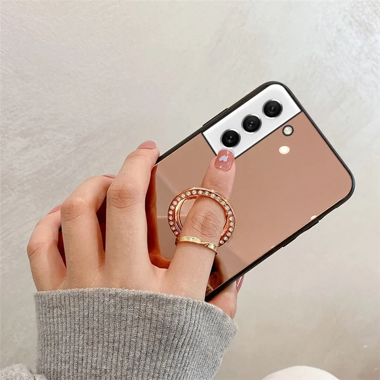 Para Samsung Galaxy S21 FE 5G Mirror Design Anti-scratch Well-protected Cover TPU + PC Hybrid Mobile Phone Case with Metal Sheet Ring Kickstand - Plata