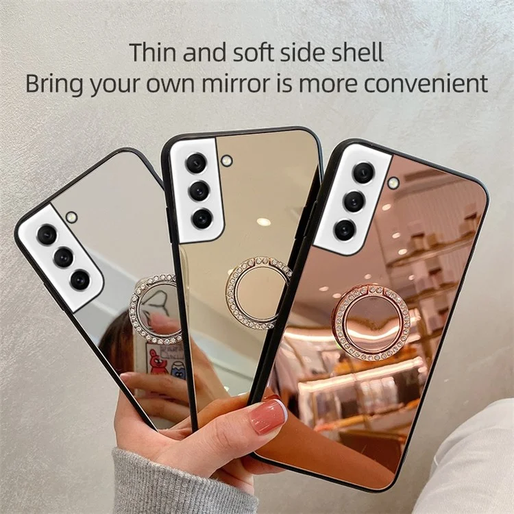 Para Samsung Galaxy S21 FE 5G Mirror Design Anti-scratch Well-protected Cover TPU + PC Hybrid Mobile Phone Case with Metal Sheet Ring Kickstand - Plata