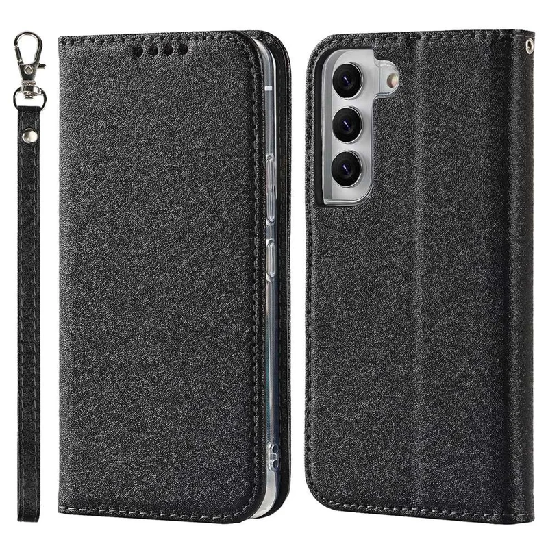 For Samsung Galaxy S22 5G Anti-scratch PU Leather Silk Texture Phone Case Stand Wallet Well-protected Cover with Strap - Black
