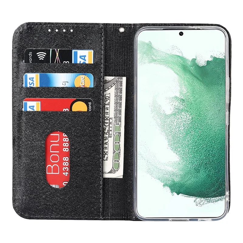 For Samsung Galaxy S22 5G Anti-scratch PU Leather Silk Texture Phone Case Stand Wallet Well-protected Cover with Strap - Black