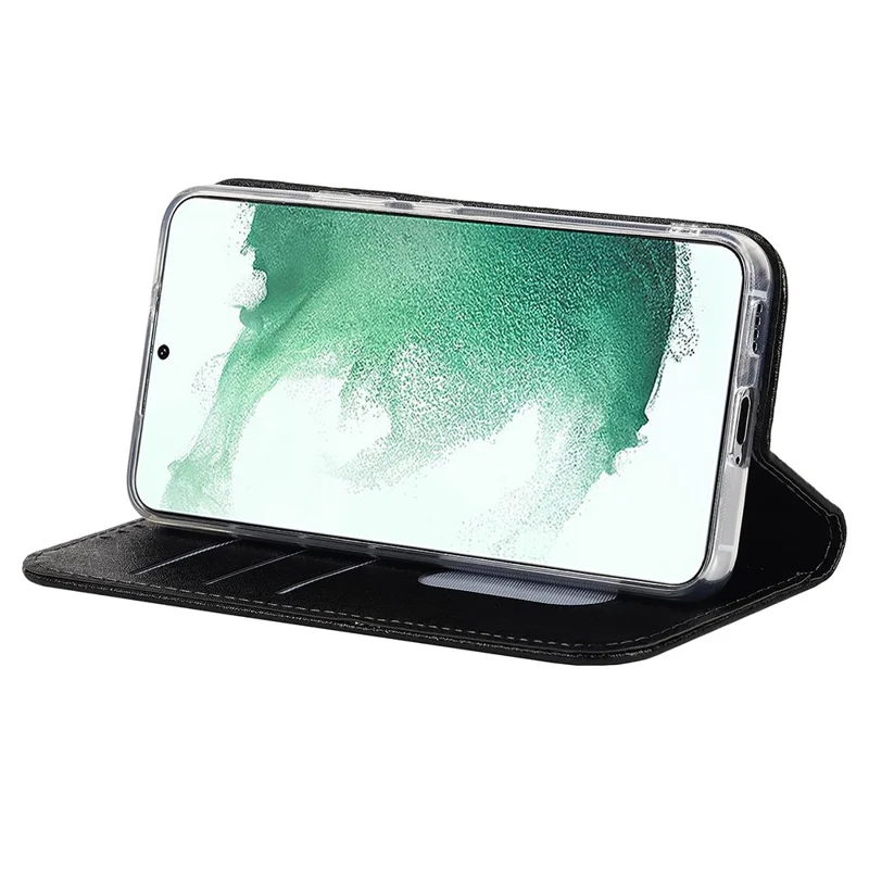 For Samsung Galaxy S22 5G Anti-scratch PU Leather Silk Texture Phone Case Stand Wallet Well-protected Cover with Strap - Black