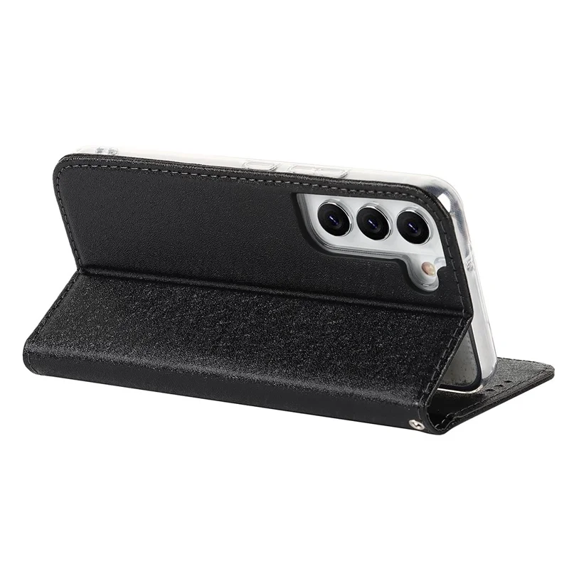 For Samsung Galaxy S22 5G Anti-scratch PU Leather Silk Texture Phone Case Stand Wallet Well-protected Cover with Strap - Black