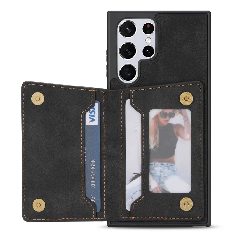 Pour Samsung Galaxy S22 Ultra 5G PU Card Card Pocket Kickstand Design Shell Ligne Empreting Imprinting Anti-fall Phone Case - le Noir