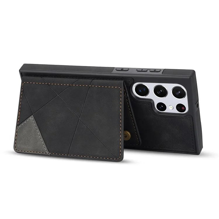 Pour Samsung Galaxy S22 Ultra 5G PU Card Card Pocket Kickstand Design Shell Ligne Empreting Imprinting Anti-fall Phone Case - le Noir