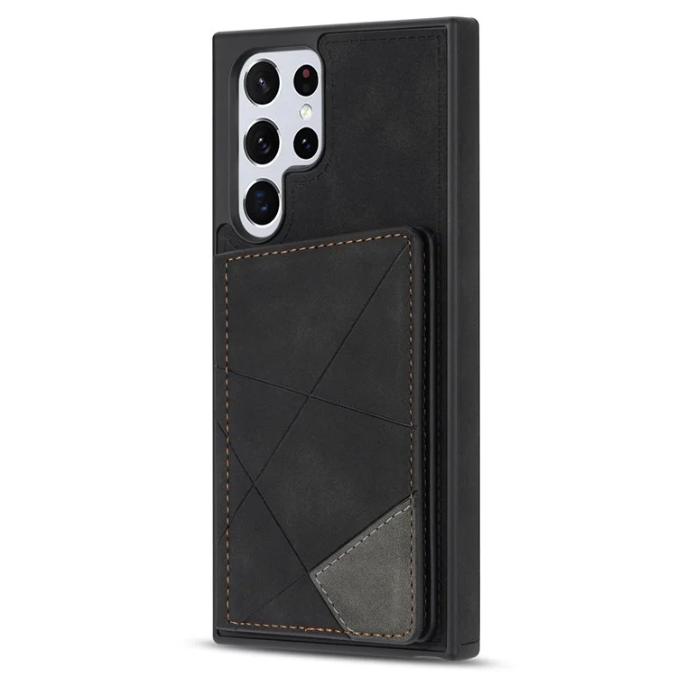 Pour Samsung Galaxy S22 Ultra 5G PU Card Card Pocket Kickstand Design Shell Ligne Empreting Imprinting Anti-fall Phone Case - le Noir
