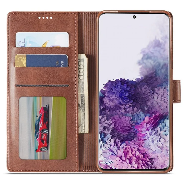 LC.IMEEKE For Samsung Galaxy M52 5G Textured PU Leather Cover Drop-proof Stand Wallet Protective Phone Case - Brown