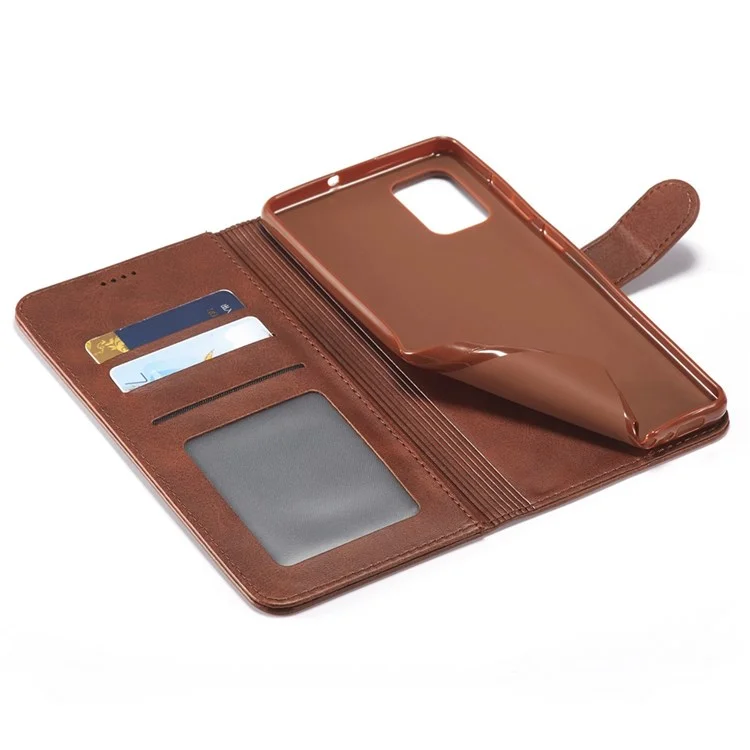 LC.IMEEKE For Samsung Galaxy M52 5G Textured PU Leather Cover Drop-proof Stand Wallet Protective Phone Case - Brown