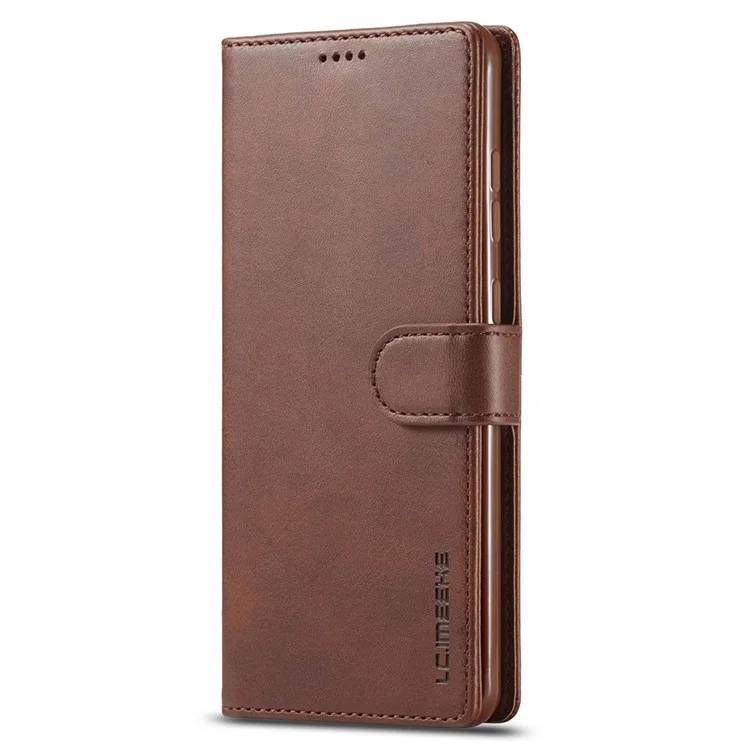 LC.IMEEKE For Samsung Galaxy M52 5G Textured PU Leather Cover Drop-proof Stand Wallet Protective Phone Case - Brown