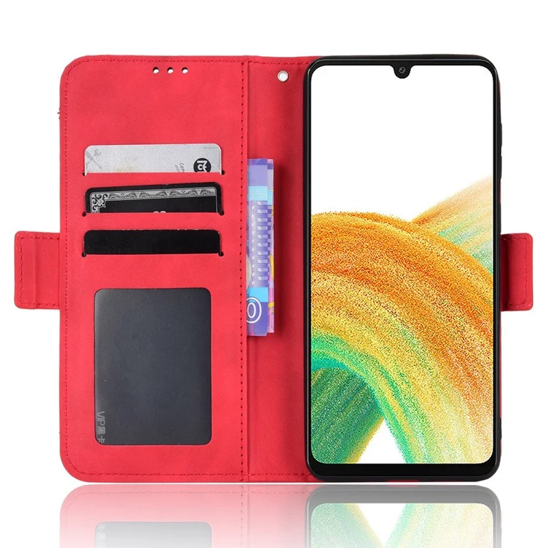 For Samsung Galaxy A33 5G Multiple Card Slots Phone Cover PU Leather Wallet Stand Folio Flip Case - Red