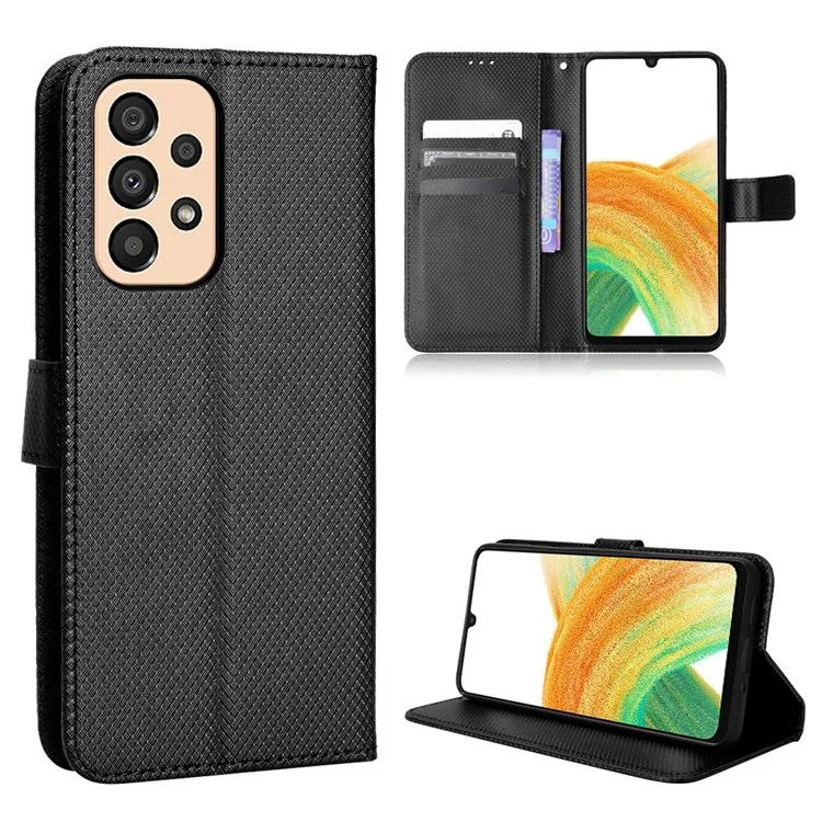 Para Samsung Galaxy A23 5G (Versión Global) / 4G / M23 5G / F23 5G Funda Billetera de Piel con Textura de Diamante Protectora Magnética con Tapa Flip Cover y Correa - Negro