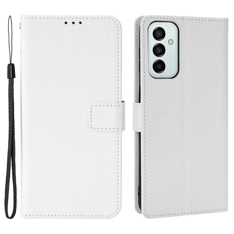 For Samsung Galaxy M23 5G/F23 5G Flip PU Leather Wallet Booklet Case Diamond Texture Stand View Cover with Strap - White