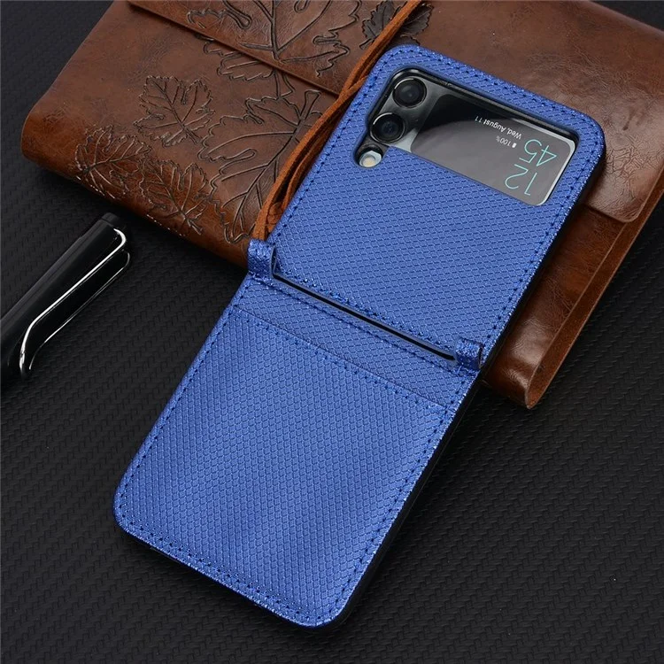 For Samsung Galaxy Z Flip3 5G Diamond Texture PU Leather Cover Card Holder Folding Phone Case - Blue