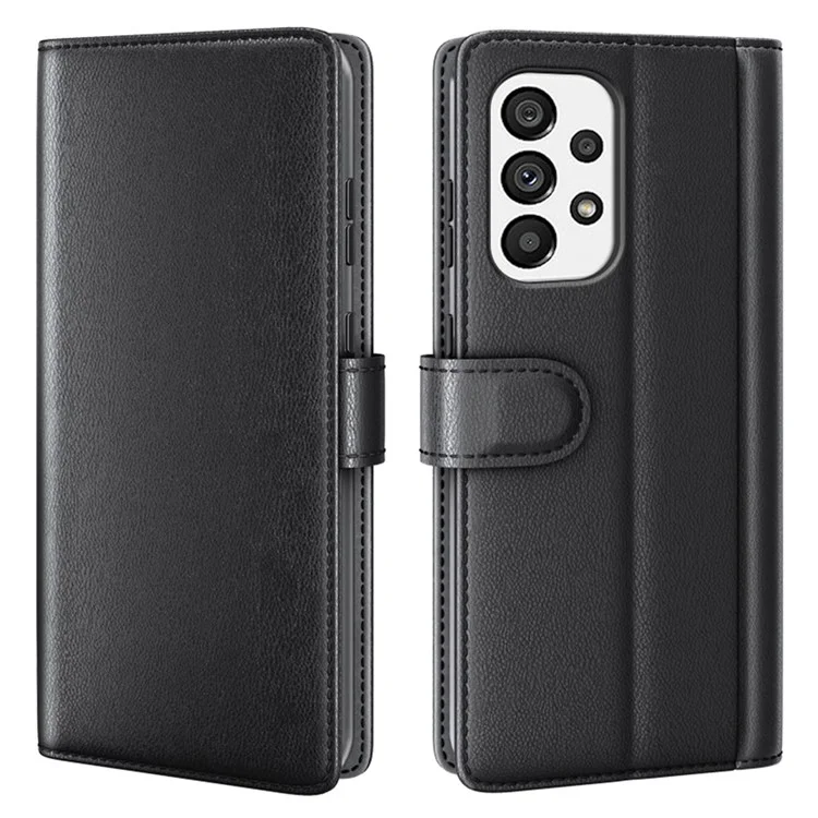Para Samsung Galaxy A33 5G Funda de teléfono con soporte y billetera de cuero genuino de cuero partido - Negro