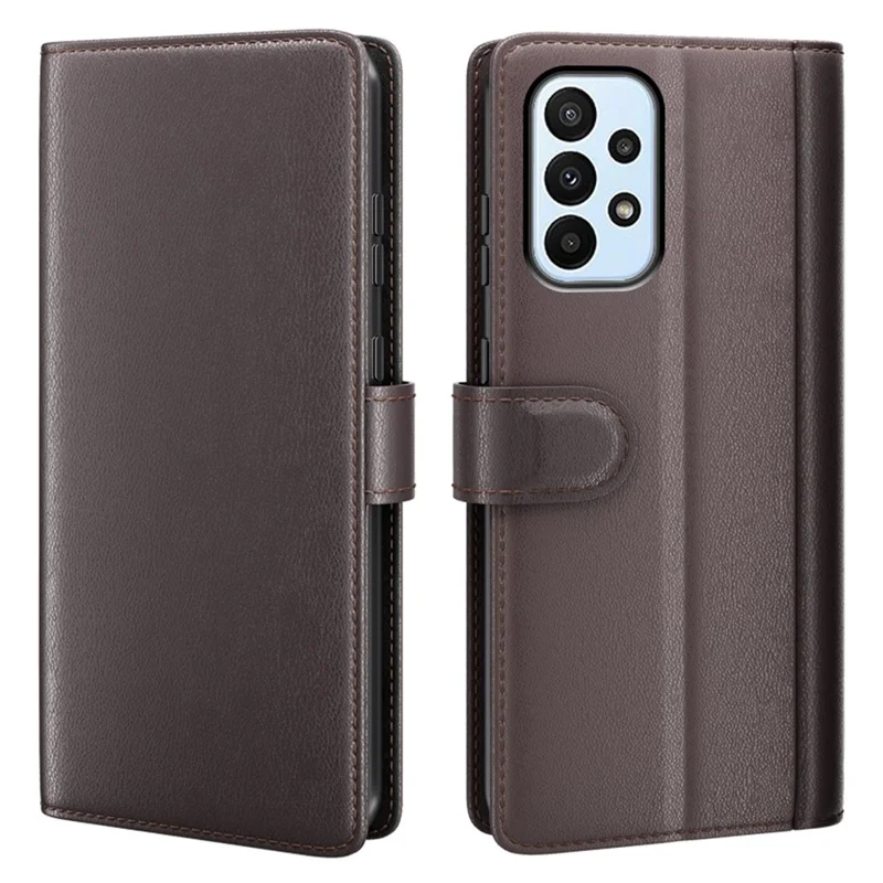 For Samsung Galaxy A23 5G (Global Version) / 4G Split Leather Genuine Leather Phone Case Drop-proof Wallet Stand Flip Cover - Brown