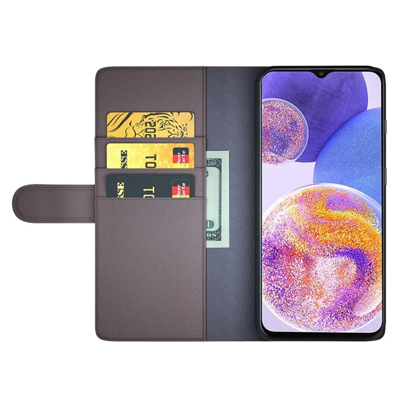 For Samsung Galaxy A23 5G (Global Version) / 4G Split Leather Genuine Leather Phone Case Drop-proof Wallet Stand Flip Cover - Brown