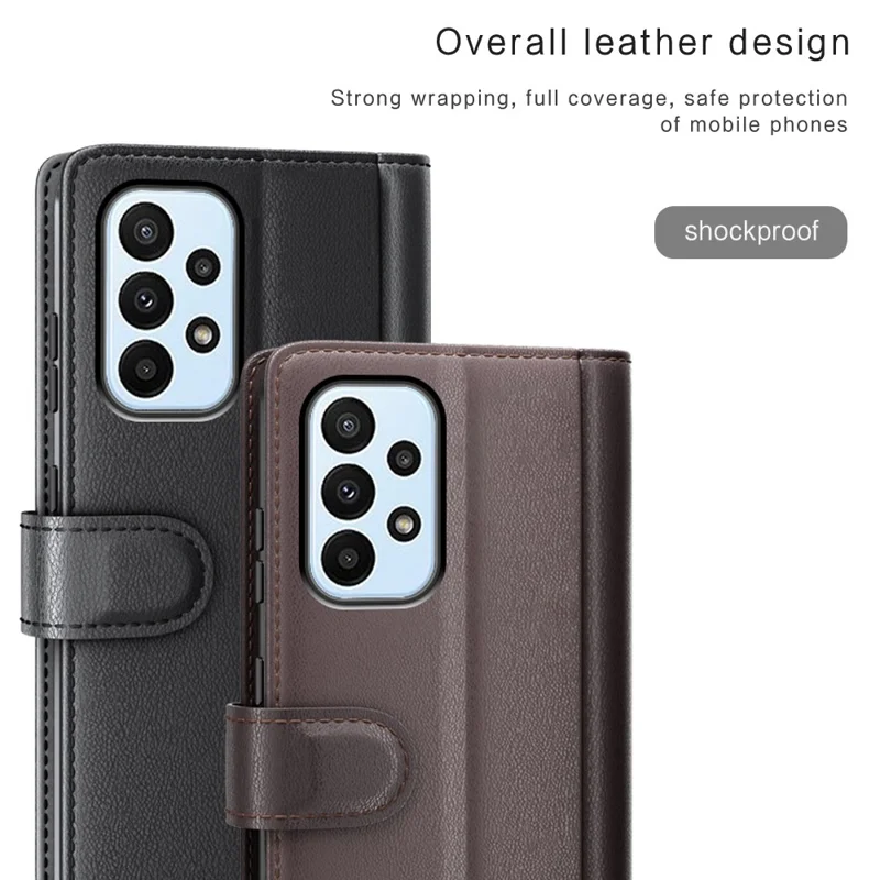 For Samsung Galaxy A23 5G (Global Version) / 4G Split Leather Genuine Leather Phone Case Drop-proof Wallet Stand Flip Cover - Brown