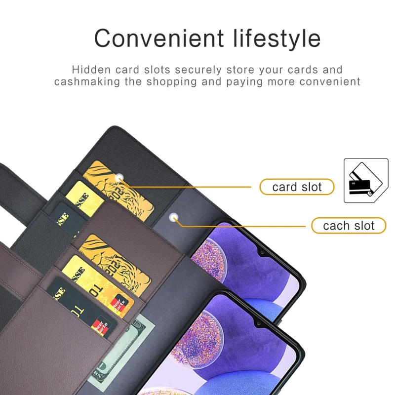 For Samsung Galaxy A23 5G (Global Version) / 4G Split Leather Genuine Leather Phone Case Drop-proof Wallet Stand Flip Cover - Brown